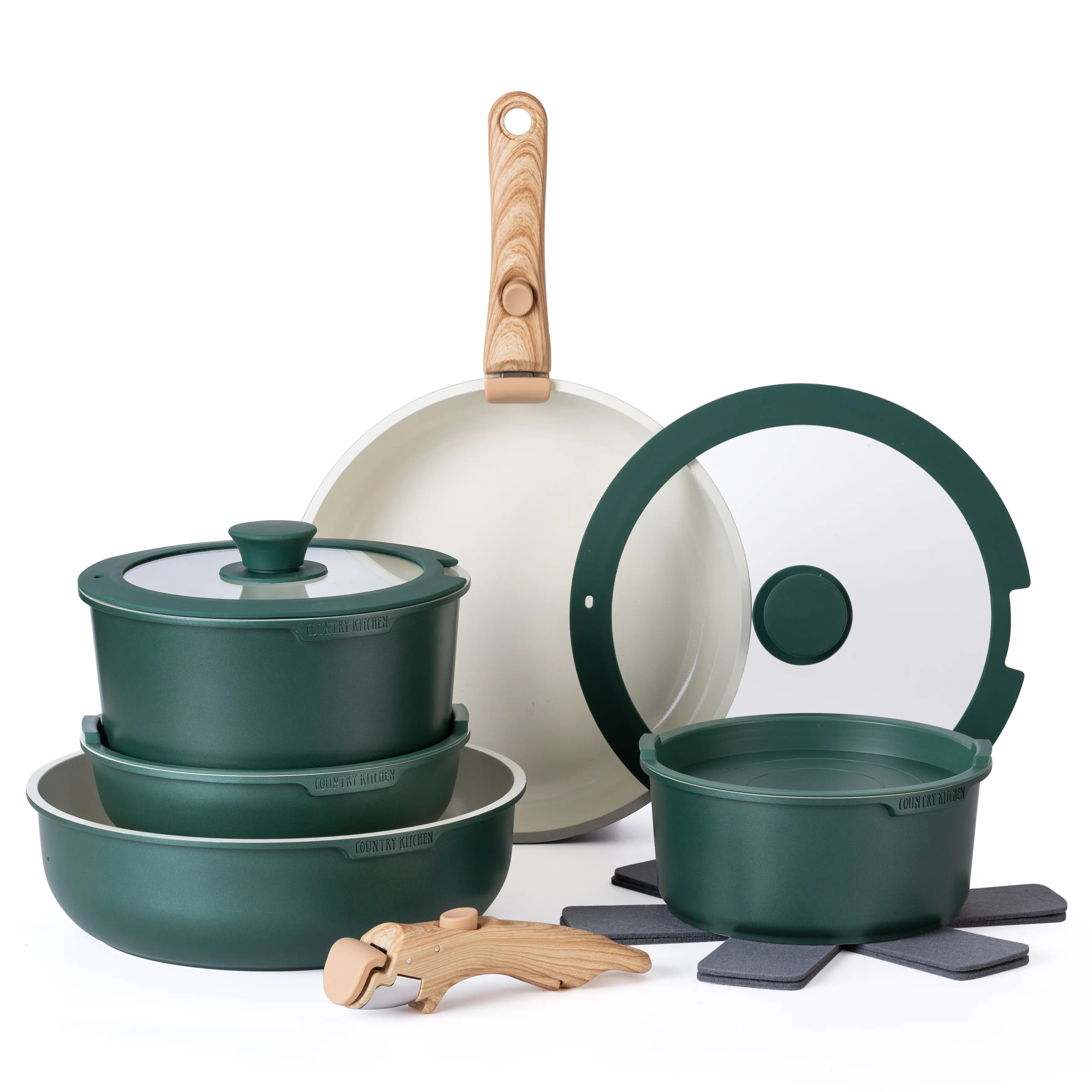 Country Kitchen 16 Piece Pots and Pans Set - Safe Nonstick Kitchen Cookware with Soft Touch Wooden Detachable Handle, Stackable RV Cookware Set