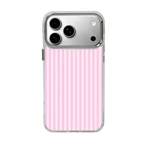 Pink striped phone case, suitable for iPhone17 ProMax, 16Pro, 15, 14, 13, 12, smartphone case, high-grade electroplated silver frame, military-grade protection