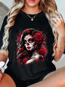 100% Cotton Unisex Sugar Skull Women De Los Muertos La Catrina Day Of The Dead T-Shirt