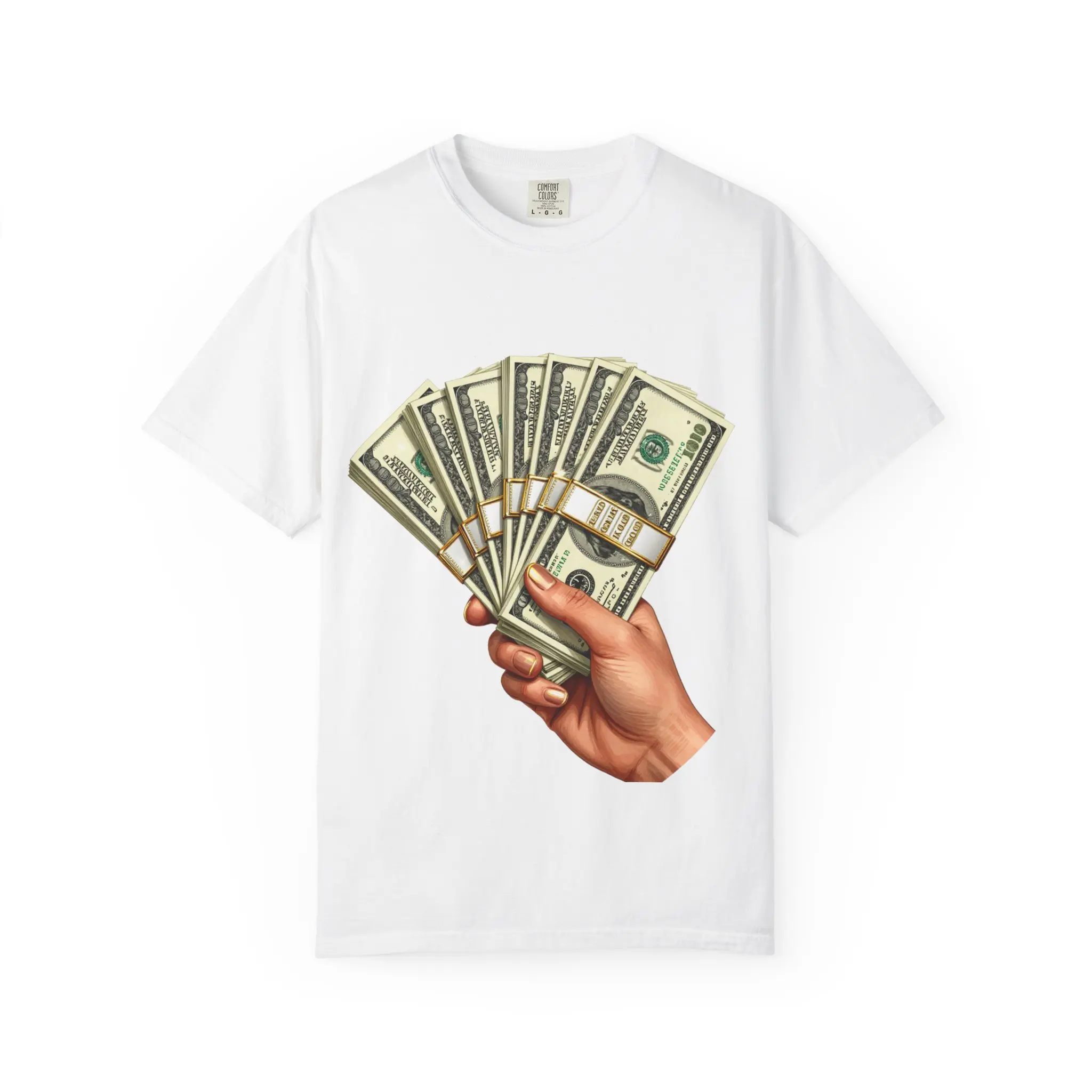 Men's Hand Holding Fanned Cash T-Shirt - Menswear Tops, Round Neck Shortsleeve Relaxed Fit, Dollar Bill Illustration Cotton Graphic Tee