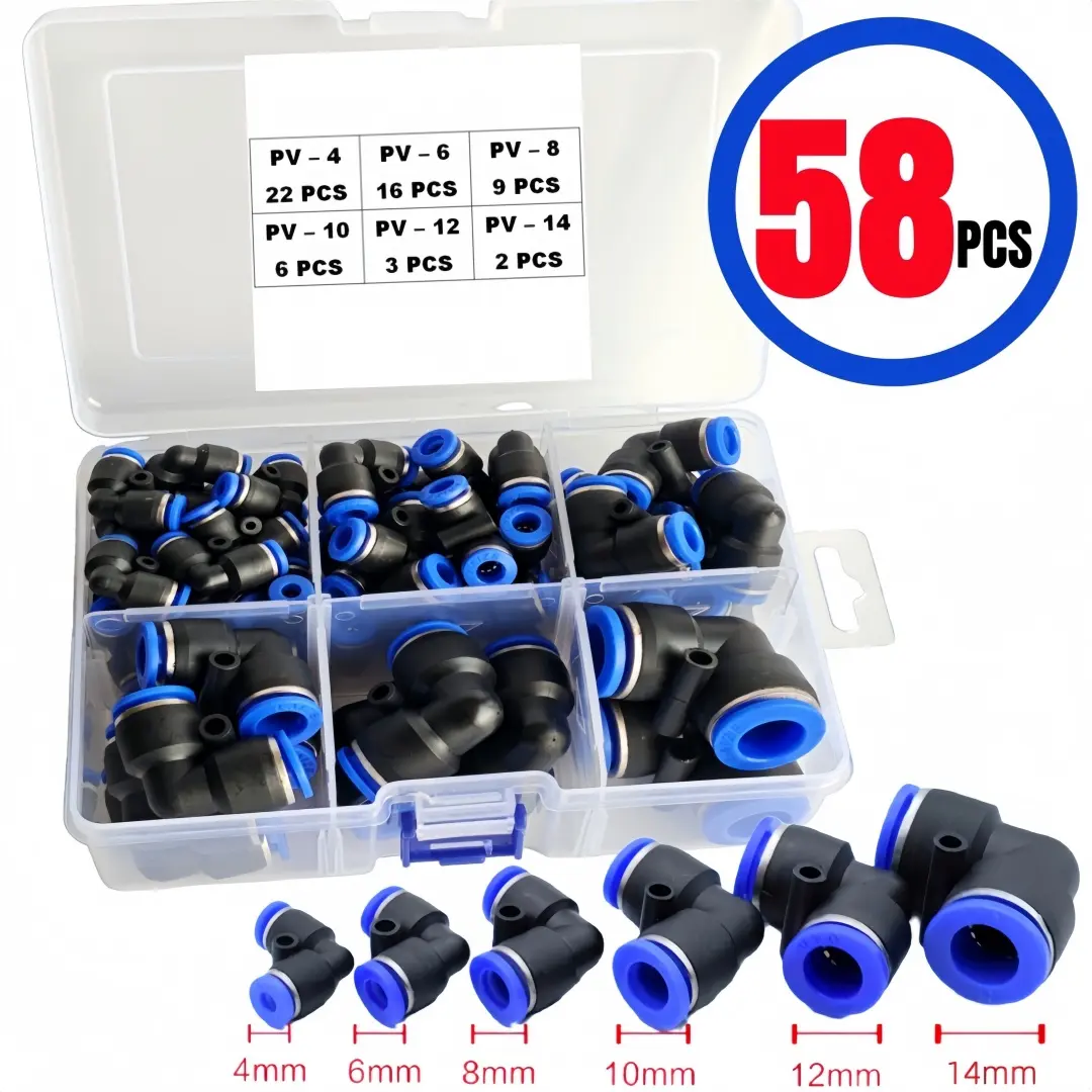 58-Piece Pv Air Compressor Hose Fitting Kit, Hose Connectors Quick Connect, Quick Connect Male Connector, Multiple Sizes (4-14mm), Polyurethane PU Tube Push-In Fittings, Hose Adapter Set
