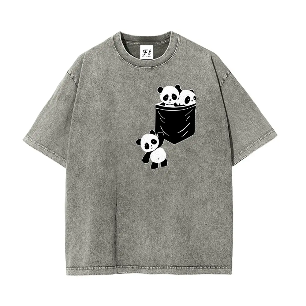 Men's Oversized Round Neck Casual Shortsleeve Graphic Tshirt - Retro Vintage Washed Batik Cotton Fabric, Cute Pocket Panda Graphic, Stretch, Pre-Shrunk, Super Soft, Unisex, S-5XL, Menswear Streetwear Top