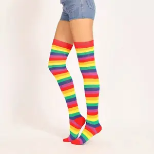 Rainbow High-Top Socks, Over-The-Knee Striped Socks, Seven-Color Rainbow Stripe Long Knee-High Socks, Extended Length