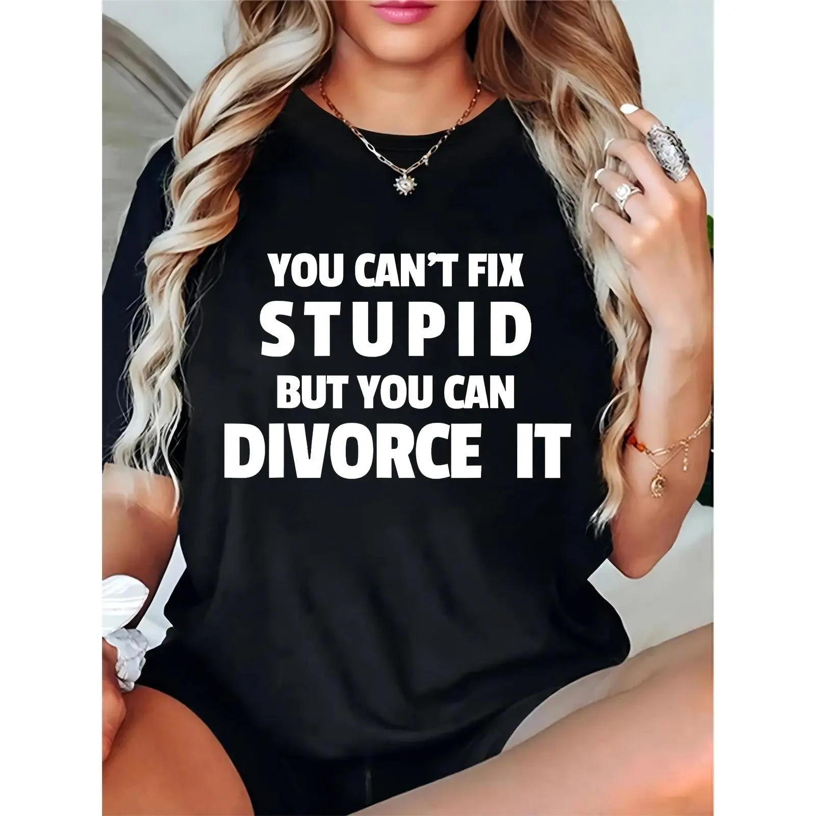Women's Black Short-Sleeve Basic Comfortable Divorce Slogan T-Shirt | "You Can't Fix Stupid But You Can Divorce It" Empowering Humor Top for Daily Wear, Ladies, Essential, Cotton, Prints, Fit, Feminine