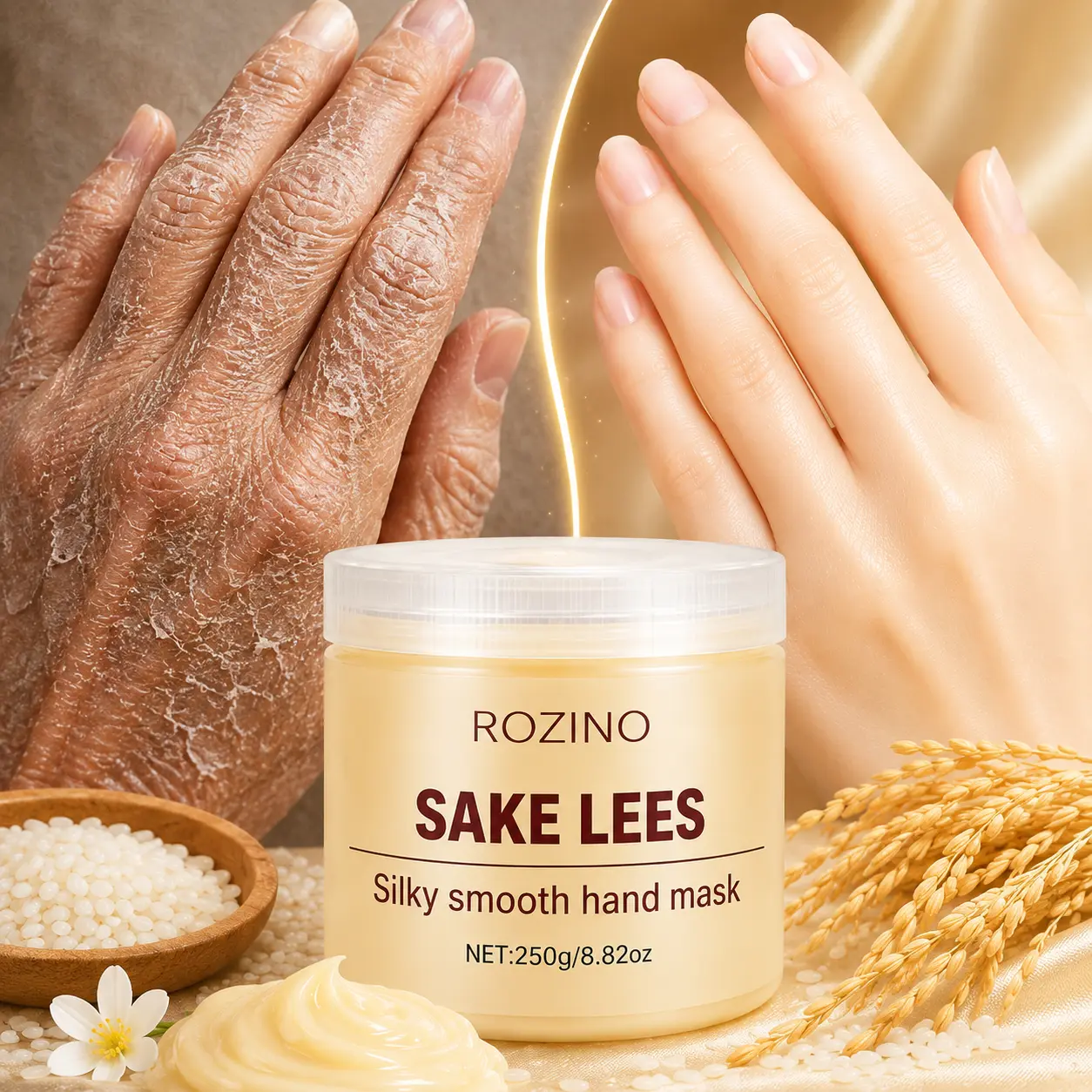 ROZINO Sake Lees Hand Mask - Hydrating Hand Mask for Dry Hands, Moisturizing & Softening Treatment, Helps Improve Roughness and Dull-Looking Skin, 280g