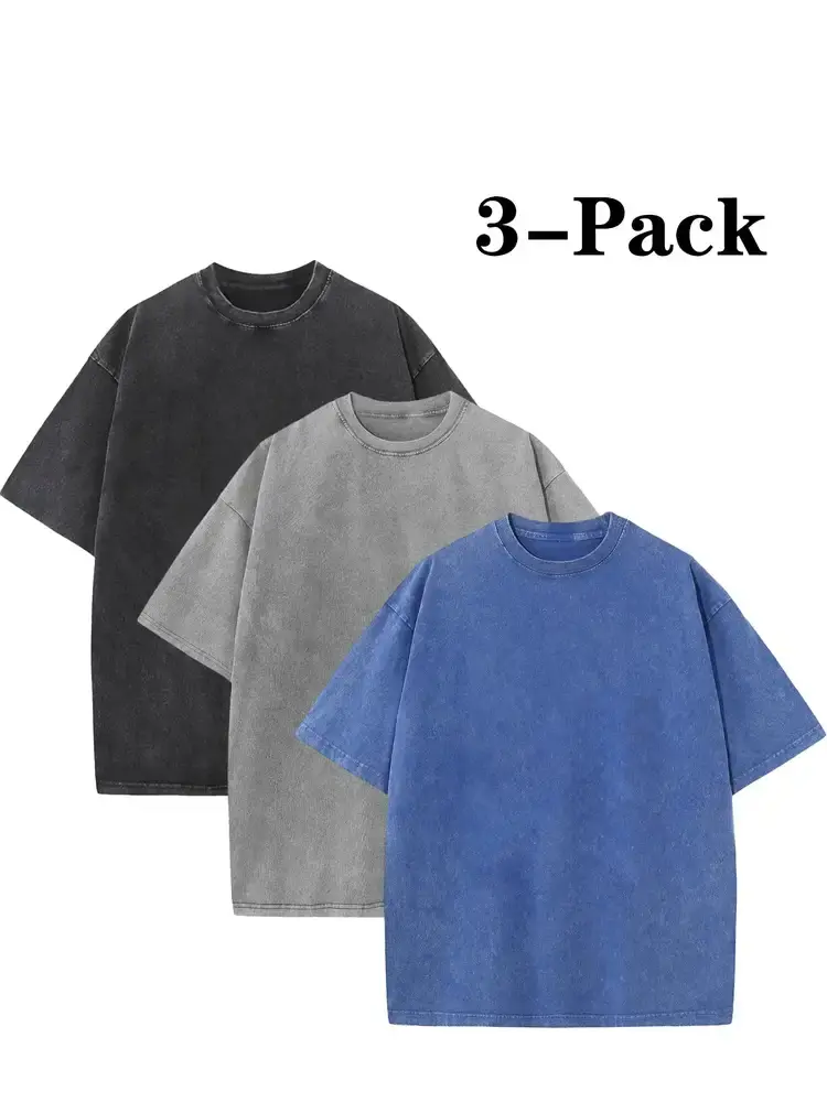 Men's Acid Wash Oversized T-Shirt, 100% Cotton Vintage Plain Streetwear Tee with Reinforced Hem, All Seasons Top for Sweatpants, Shortsleeve, Menswear, Men's T Shirts, Breathable, Loose-Fit