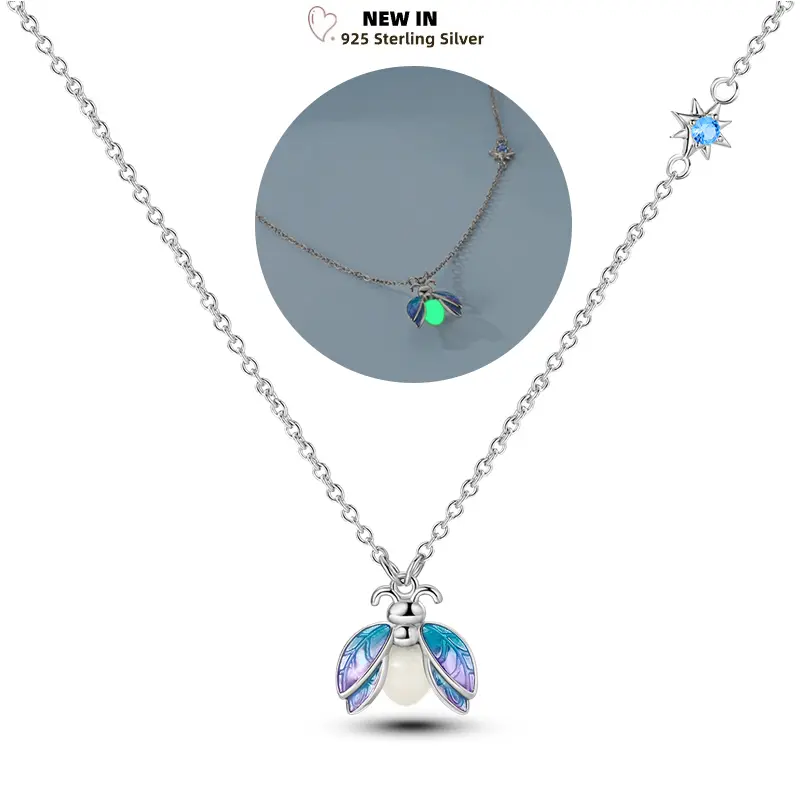 NEW 925 Sterling Silver Luminous Firefly Original Necklace, Glow-in-the-Dark Sparkling Pendant, Women's Anniversary Fashion Jewelry Gift