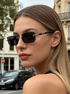 Unisex Rimless Square Metal Sunglasses, Fashion Decorative Eyewear, Lightweight Modern Glasses for Beach, Driving & Daily Use