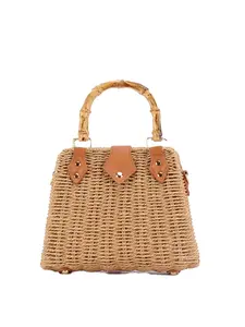 1pcWomen's shoulder bag set with woven grass design, retro bamboo handle, suitable for beach vacation, daily travel, casual fashion, versatile, fashionable handbag, and a must-have for women