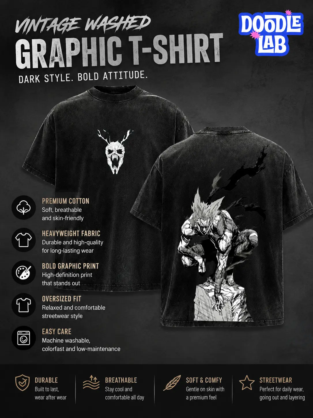 Vintage Washed Shadow Beast Graphic Oversized T-Shirt  Crew Neck