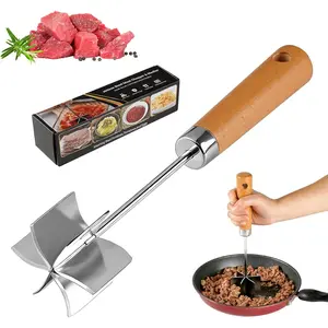 Meat Chopper, 6 Curve Blades Ground Beef Masher Hamburger Meat Duty Wooden Handle