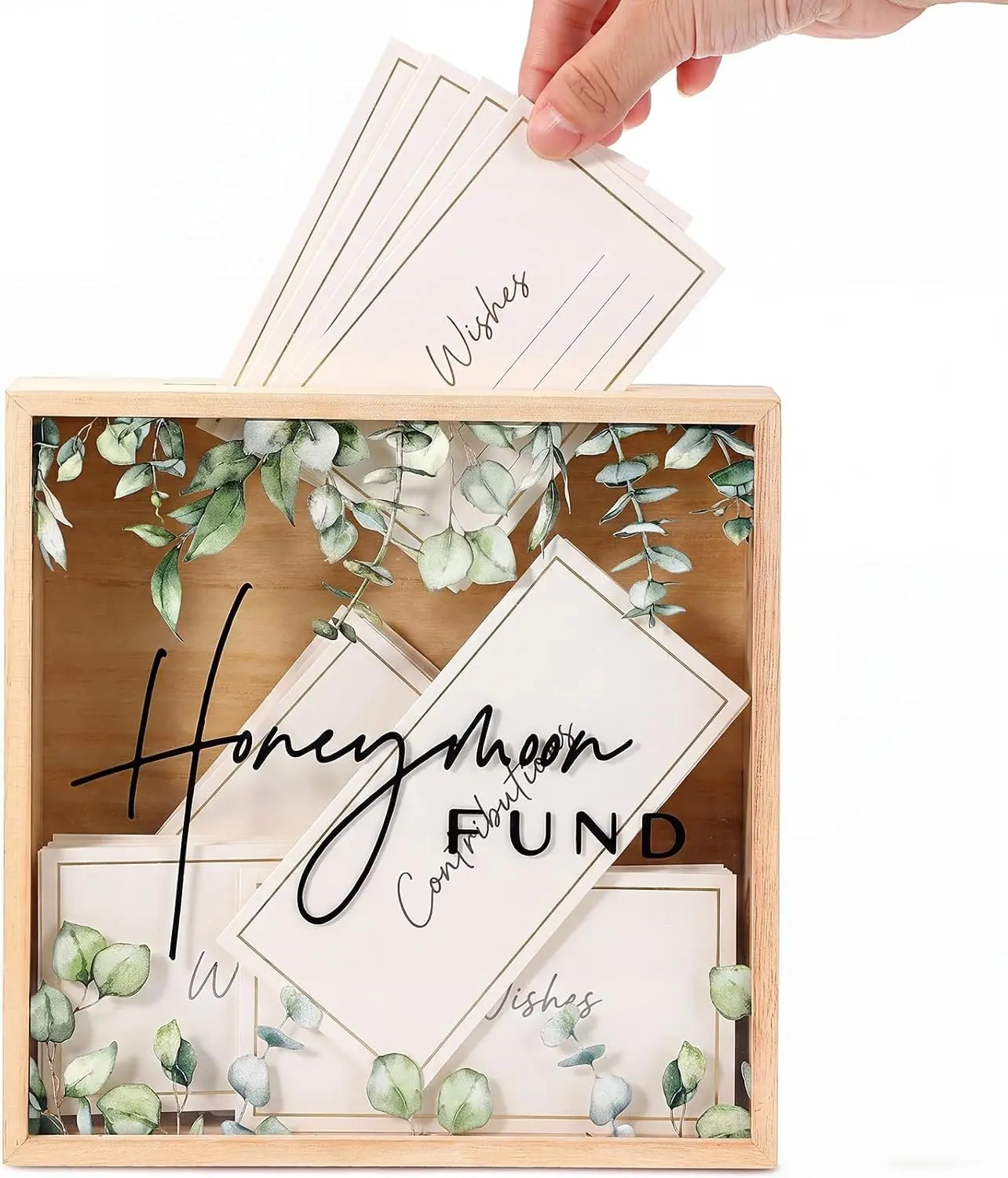 Unittype Honeymoon Fund Box Rustic Wooden Wedding Money Box 8 x 8 Inch | Wedding Card Box with Greenery Frame Honey Moon Essentials for Wedding Reception Bridal Shower Party Decor Table Sign