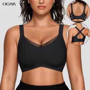 OEAK Women Jelly Bras Wireless V Neck Crossover Mesh Bras Comfortable Bralette Tshirt Bra No Underwire Seamless Everyday Bras