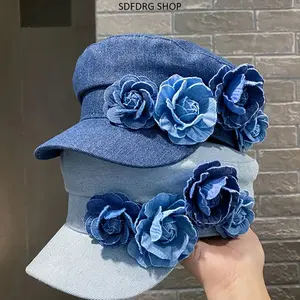 Denim Beret Hat for Women, Vintage Rose Embroidered Newsboy Cap, Y2K French Style Hat, Lightweight Fashion Cap for Daily Wear, Travel, Dates, Outdoor Outfit