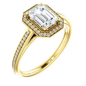 Cubic Zirconia Engagement Ring- The Laila Jean (Customizable Cathedral-set Emerald Cut with Halo and Thin Pavé Band)