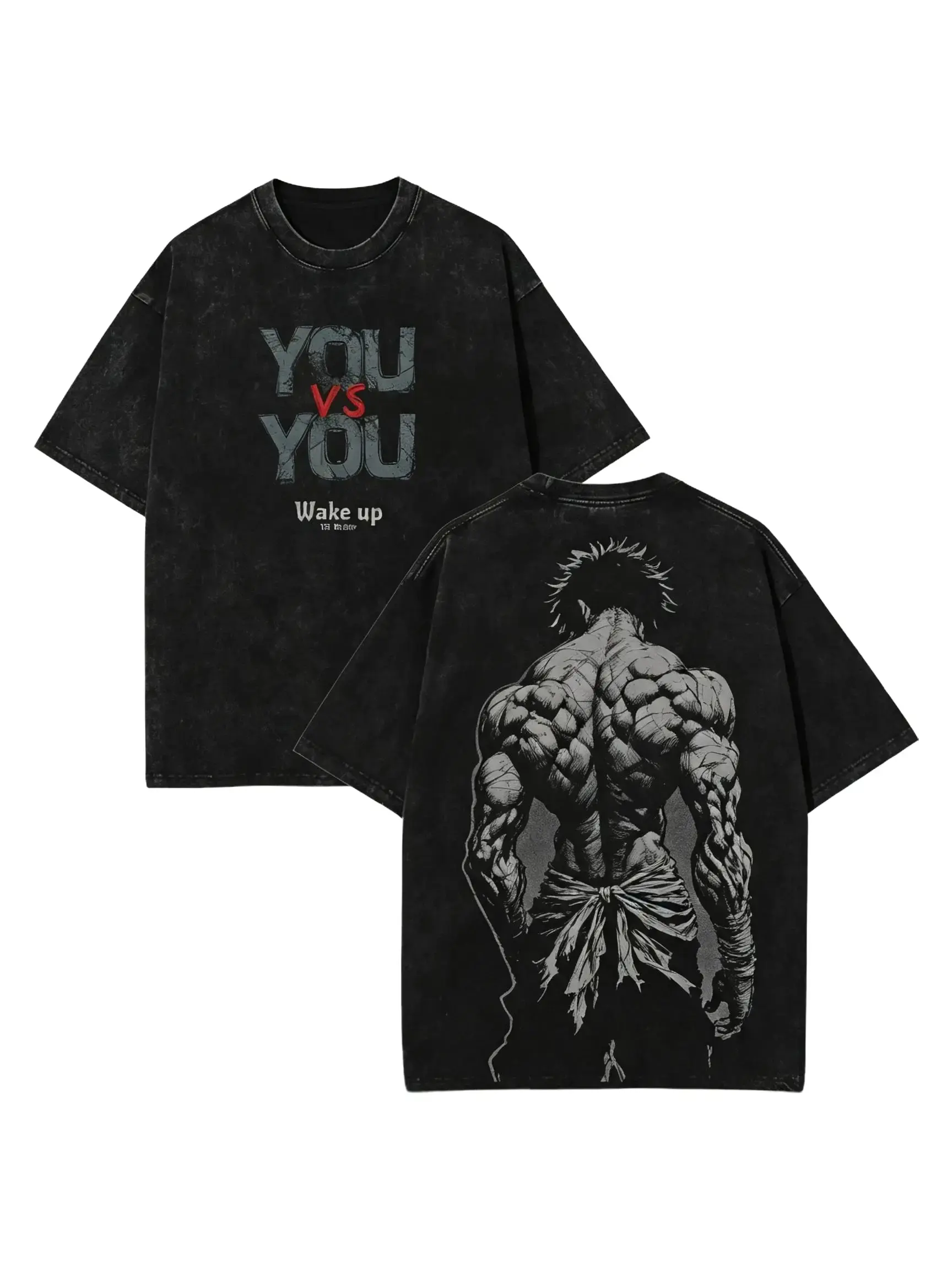 Baki Hanma Graphic T-Shirt Vintage Washed Oversized Gym Tee Heavyweight Cotton Pump Cover Muscle Motivation Anime Streetwear Double-Sided Print Unisex Summer Workout Top
