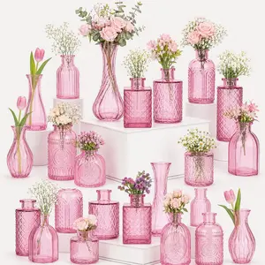 24 Pack Pink Bud Vases in Bulk,Mini Glass Vintage Vases for Centerpieces,Wedding Decor, Small Flower Vases for Party & Home Decaration,Mother's Day (Pink)