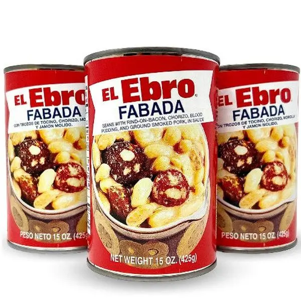 El Ebro Canned White Kidney Bean Fabada Meal - 3-Pack, 15 oz Each, Instant Ready-to-Eat Spanish Recipe Food (Serves 2 Per Can) with Bacon, Pork, Chorizo & Sauce, Pantry Staple