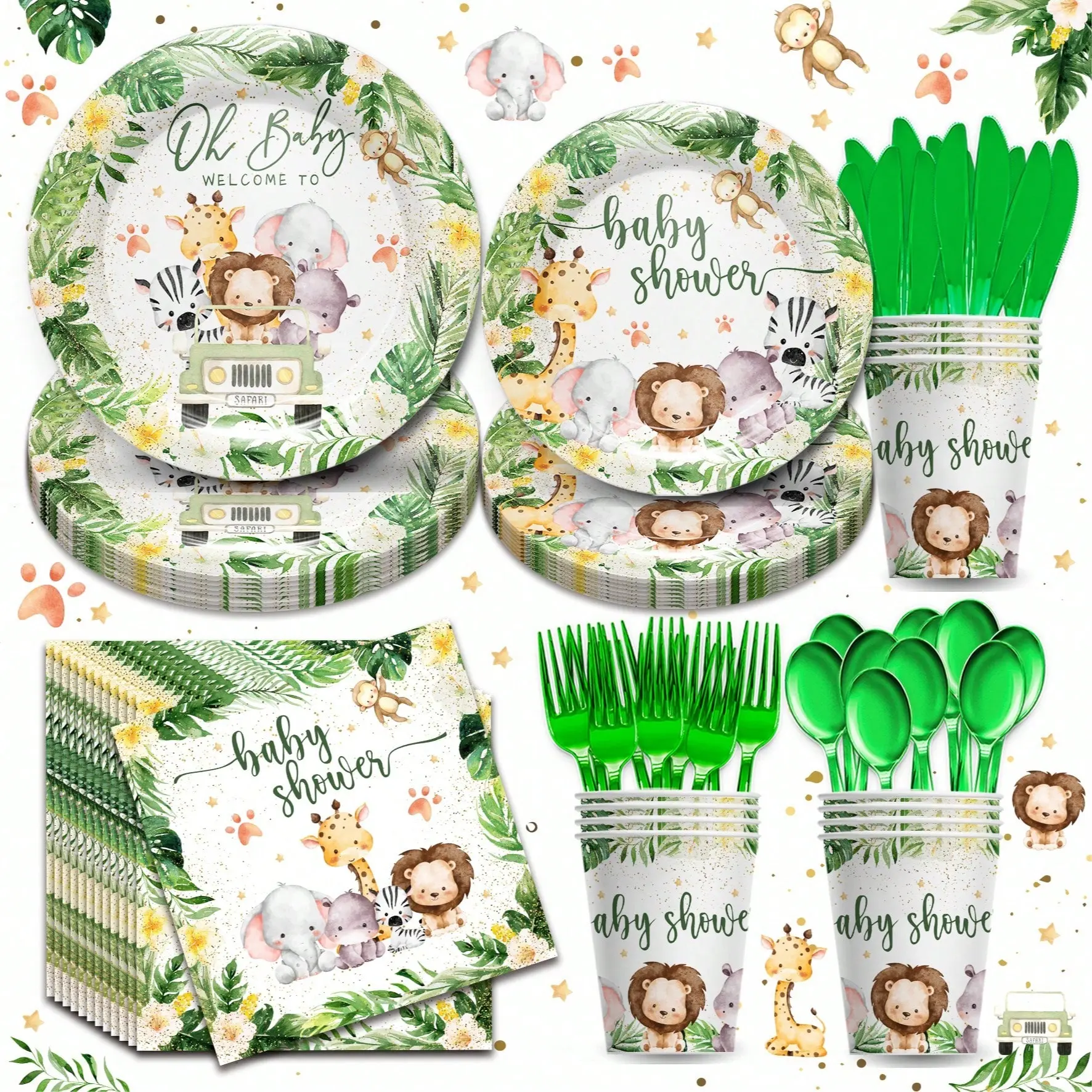 168Pcs Jungle Theme Disposable Party Supplies Set for 24 Guests - Party Decor, Plastic Disposable Tableware Supplies (Plates&Cups, Napkins Included) for Baby Shower, Birthday, Happy Birthday, Animals