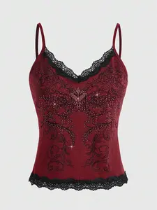 SHANIAH Women's Fairycore Summer Floral Contrast Lace Camisole Cute Feminine Top
