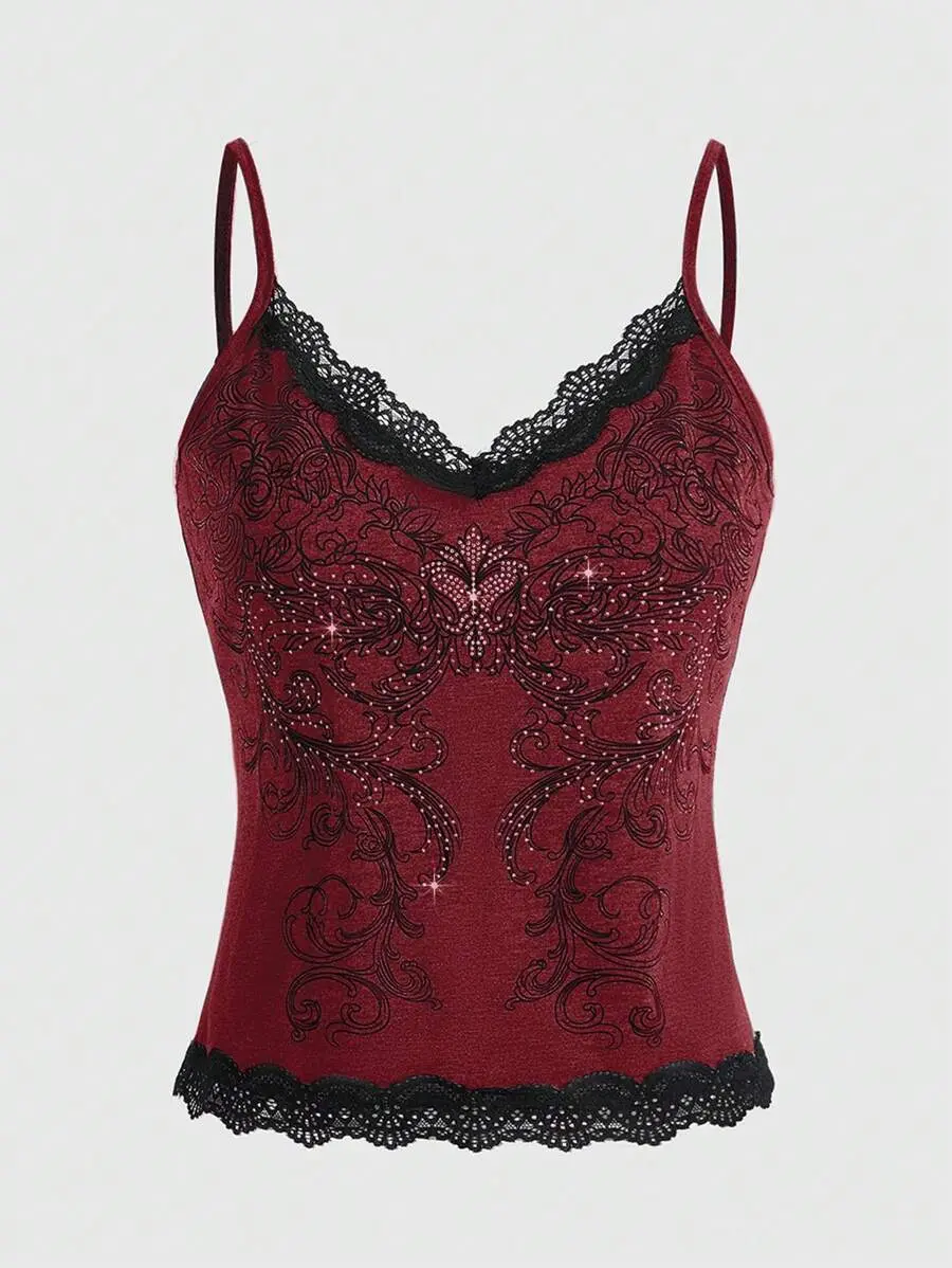 SHANIAH Women's Fairycore Summer Floral Contrast Lace Camisole Cute Feminine Top