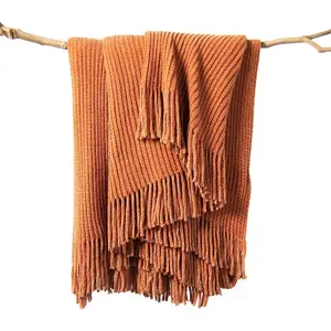 Throw Blanket for Couch, Soft Boho Bed Throw,Cozy Burnt Orange Chenille Knitted Small Spring Lightweight Throw for Spring(Rust,50 * 60")