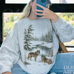 Retro Wolf 90s Sweatshirt , Nature Vintage Wildlife Forest Crewneck, Boho Unisex Cabincore Crewneck Cozy Season Rustic Wolves Top