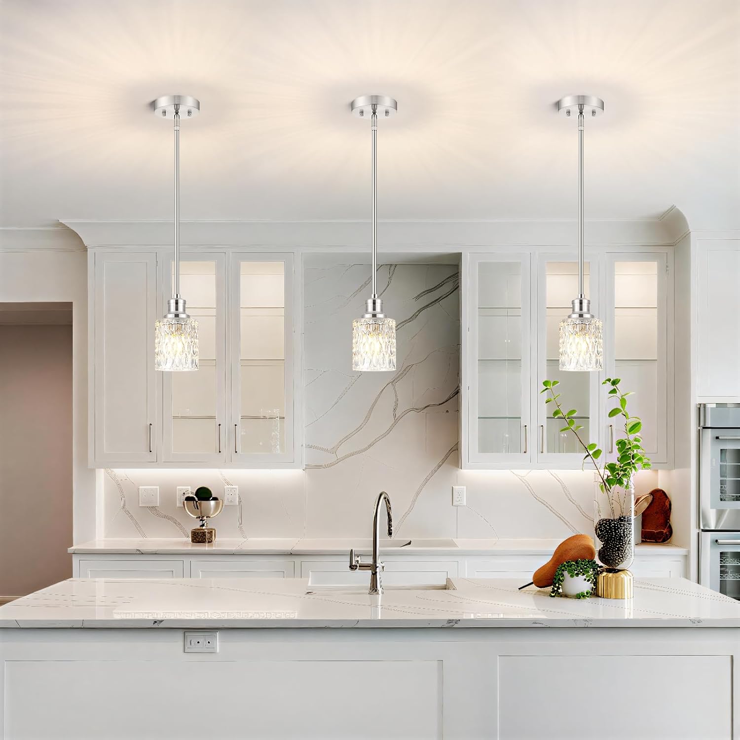 Glass Pendant Lights Kitchen Island, 1-Light Modern Brushed Nickel Mini Pendant with Drum Glass & Rods, Mini Hanging Light for Kitchen Sink Dining Room Bathroom         ？ ？