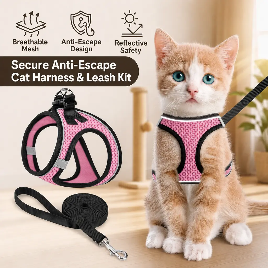 Escape Proof Cat Harness with Leash Set, Reflective Soft Breathable Mesh Step-in Vest, Double Secure Lock Adjustable No-Pull Walking Gear for Small & Medium Cats, Kittens for Outdoor Adventures