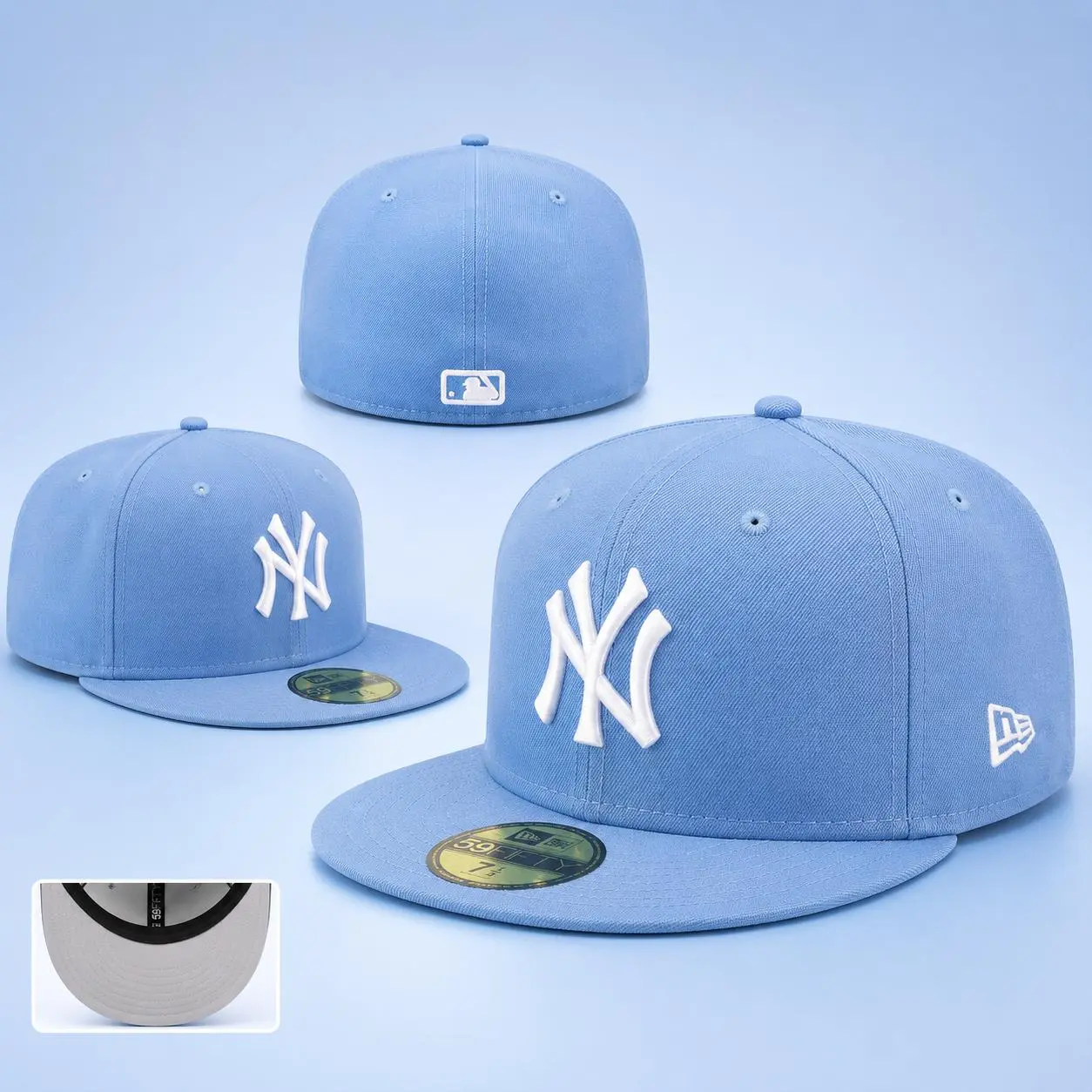 New Era Fitted Cap NY White Embroidered MLB Flat Bill Baseball Hat Unisex