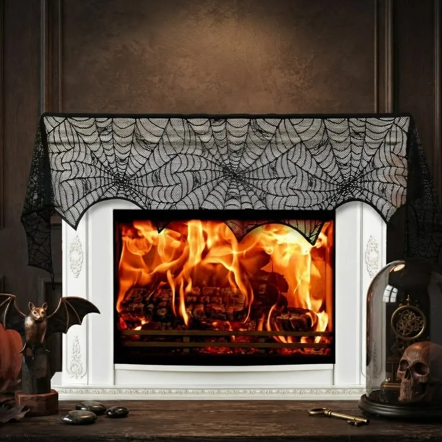 Black Lace Spiderweb Fabric Mantle Scarf - 96x18in Rectangular Gothic Decor, Lace Texture Fireplace Cover, Spooky Halloween Party Supply for Door Window Home Use