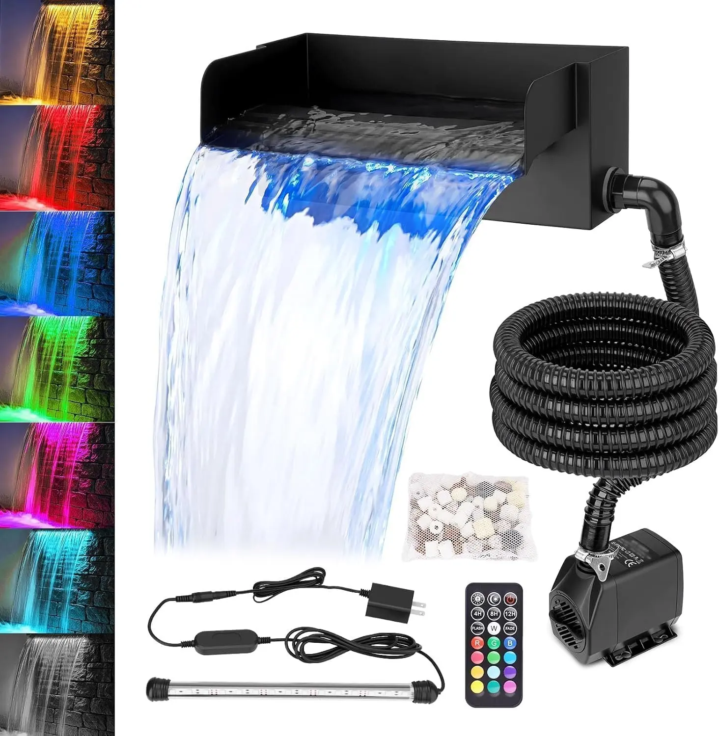 All-in-1 Pond Waterfall Kit with 12-in Stainless Steel Spillway, 880 GPH 45W Pump, LED Light, Filter Media Bag – Outdoor Water Feature for Garden, Backyard