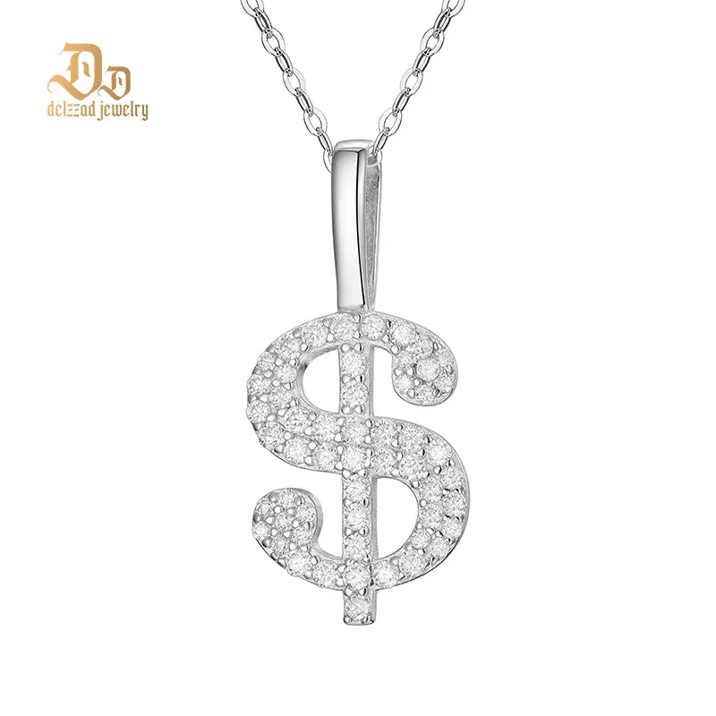 Delzzad Hip Hop USD Pendant Signed Large Letter Necklace Pendant Synthetic Moissanite Necklace S925 Chain Birthday Anniversary Mother's Day Christmas Gifts for Men Women