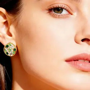 Vintage Gold Plated Round Stud Earrings Green Clear Rhinestone Retro Trendy Statement Earrings for Women Elegant Hypoallergenic Nickel Free Fashion Jewelry for Prom Party Wedding Date Night Daily Wear Birthday Anniversary Holiday Gift for Her Bridesmaid