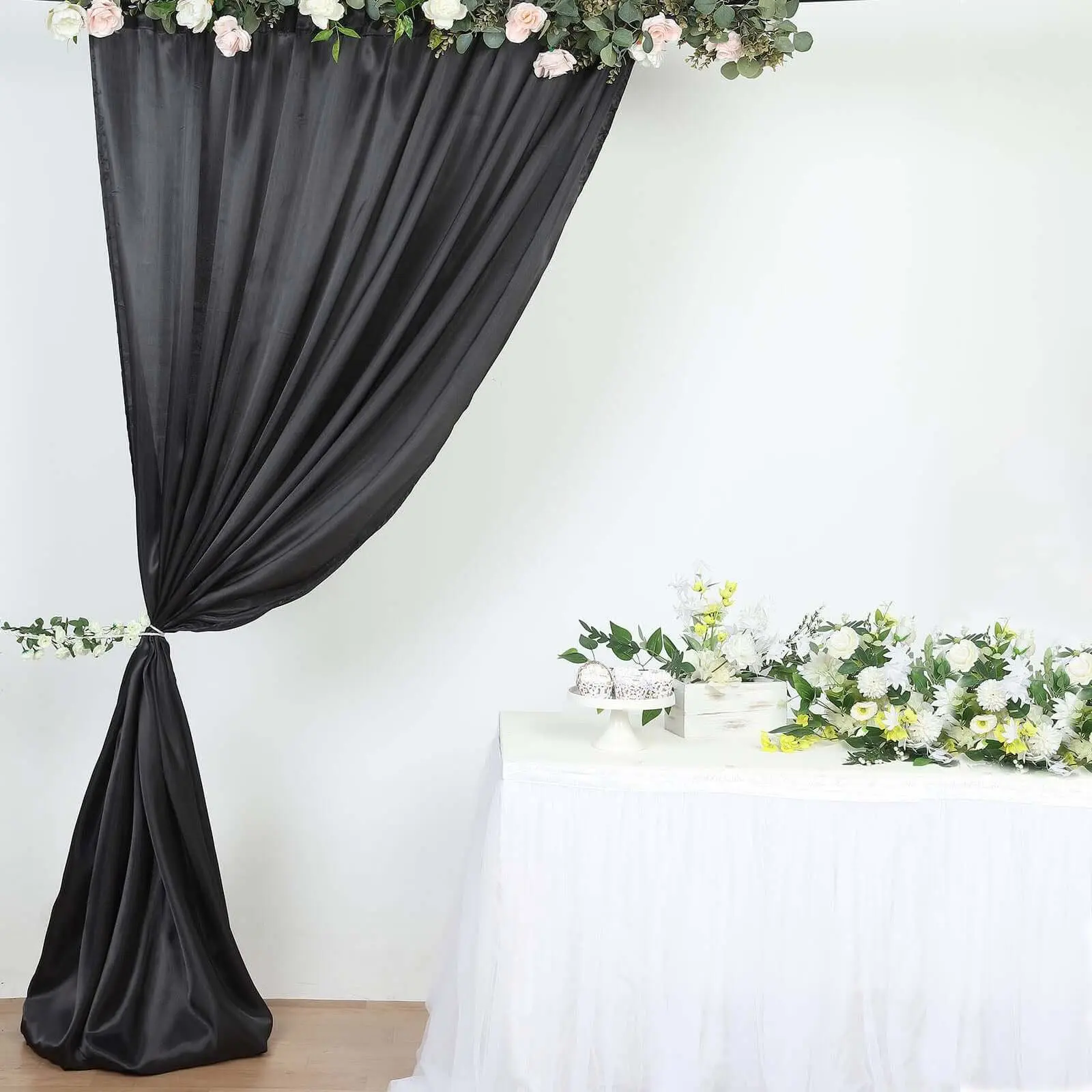 8ftx10ft Black Satin Sheen Fabric Cover Backdrop - Solid Single Panel Drape Curtain, Party Decoration Supplies, Elegant Modern Wedding Party Backdrops & Banners, 1-Sided Shine for Bridal Shower, Outdoor Home Event Divider, Wedding Party Backdrop
