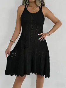 Trendy Summer Women's Sheer Crochet Halter Neck Dress, Sleeveless Openwork Breathable Lightweight Stretchy Knit Dress, Slimming A-Line Scalloped Hem Midi Dress, Bikini Swimsuit Cover Up, Boho Beach Vacation Casual Sundress for Women, Black White Available