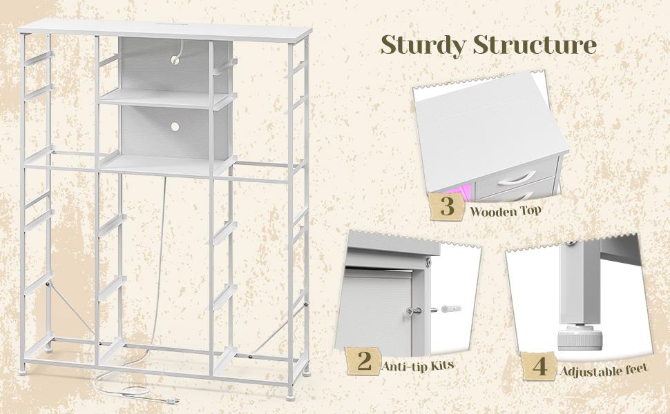 Raybee Furniture 51" H Tall Dresser with Hutch 15 Drawer Dresser for Bedroom with Charging Station & LED Lights, Steel Frame, Wood Top