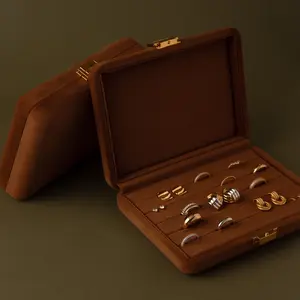 Brown Rectangle Velvet Jewelry Case by Caitlyn Minimalist - 5-Slot Jewelry Organizer Box for Rings & Earrings - Minimalist Keepsake Box  - Gift for Her