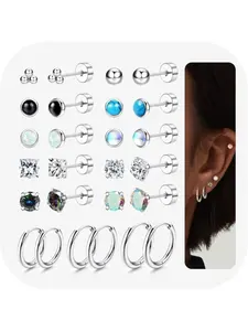 13Pairs Flat Back Earrings for Women Hypoallergenic Stainless Steel Earrings Zirconia Opal Small Stud Earrings Stacking Set Gold/Silver Hoop Earrings Piercing Cartilage Earrings for Sensitive Ears Stud Earring Jewelry