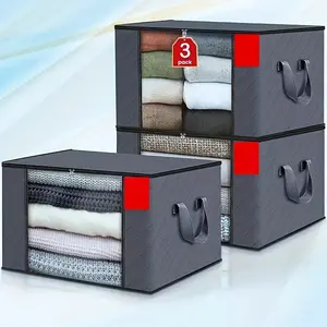 3pcs Set, Extra Large Storage Bags with Zipper and Lid - Foldable Durable Organizer for Bedding, Blankets, Pillows & Toys - Portable Handles, Essential Travel Gear, Large Capacity Containers, Under-Bed Storage