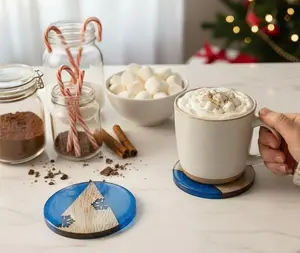 Epoxy Resin Coasters - Reclaimed wood snowflake blue sparkle round coaster set