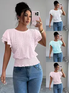Women's 2026 Spring Summer T-Shirt, European Style Hollow Out Ruffle Sleeve, Round Neck Short Sleeve, Solid Color Casual Feminine Top