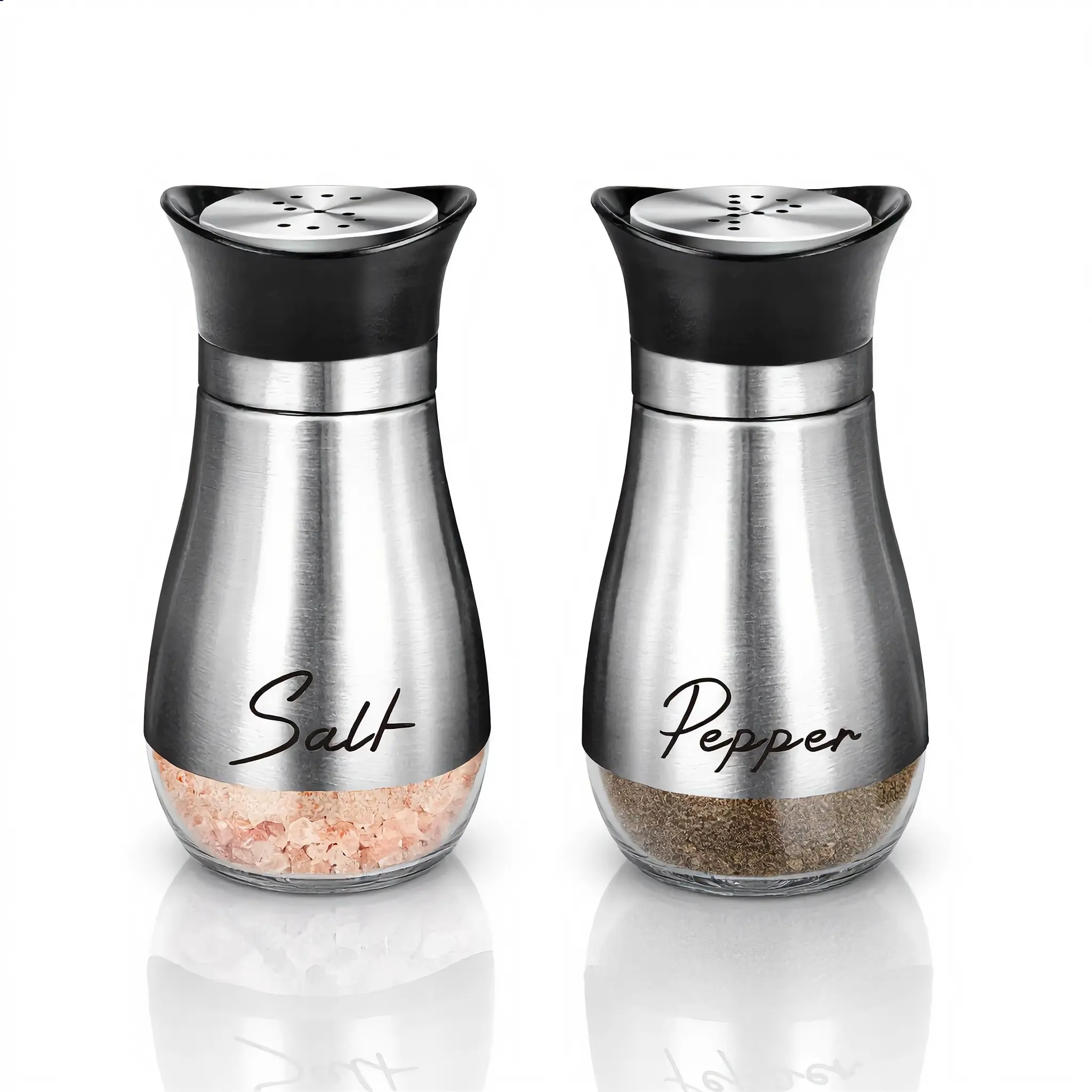 4oz Transparent Glass Salt & Pepper Shaker Set with Stainless Steel Lids - Kitchen Gadgets, Utensils, Seasoning Bottles for Kitchen, BBQ