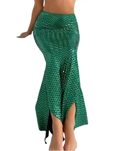 Aukmla Mermaid Skirt Green Fish Scale Party Costume Festival Skirt Metallic Bodycon Long Skirts for Women