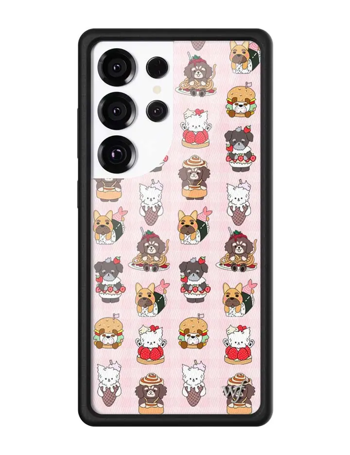 Fatherkels | Limited Edition Trendy Samsung Galaxy Case | Raised Protective Black Bumper | Women Owned Small Business | Baby Pink Background Cute Animal Outfit Food Aesthetic Design | Safety Casing Protective | Gift for Her