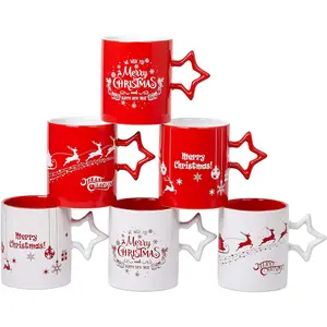Bruntmor Red and White Funny Coffee Mugs with Star Handle Set of 6 -Large-Sized Mugs 14 Ounce Holidays Novelty Cups, Decorative DIY Cute Coffee Mugs-Hot Chocolate Gift Sets Bruntmor
