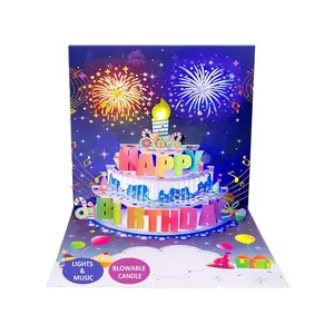 Upgraded Blowable Birthday Cards 3D Pop Up Fireworks Cake Light and Music Happy Birthday Card Gifts for Women Men Mom Kids