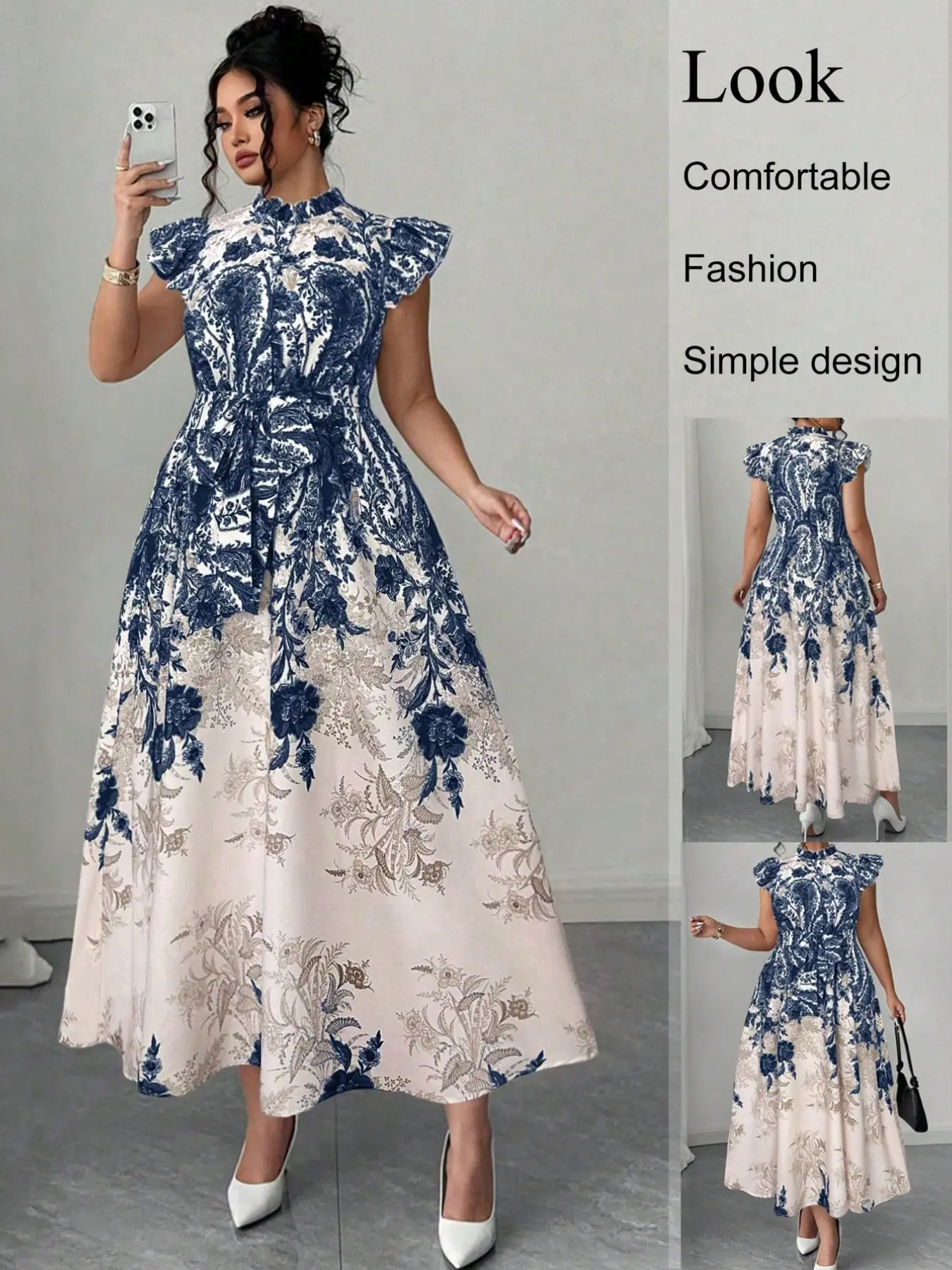 Plus Size Vintage Blue Floral Midi Dress, Cap Sleeve Loose-Fit Casual Style, Perfect for Vacation, Tea Time, Wedding Guest & Daily Wear