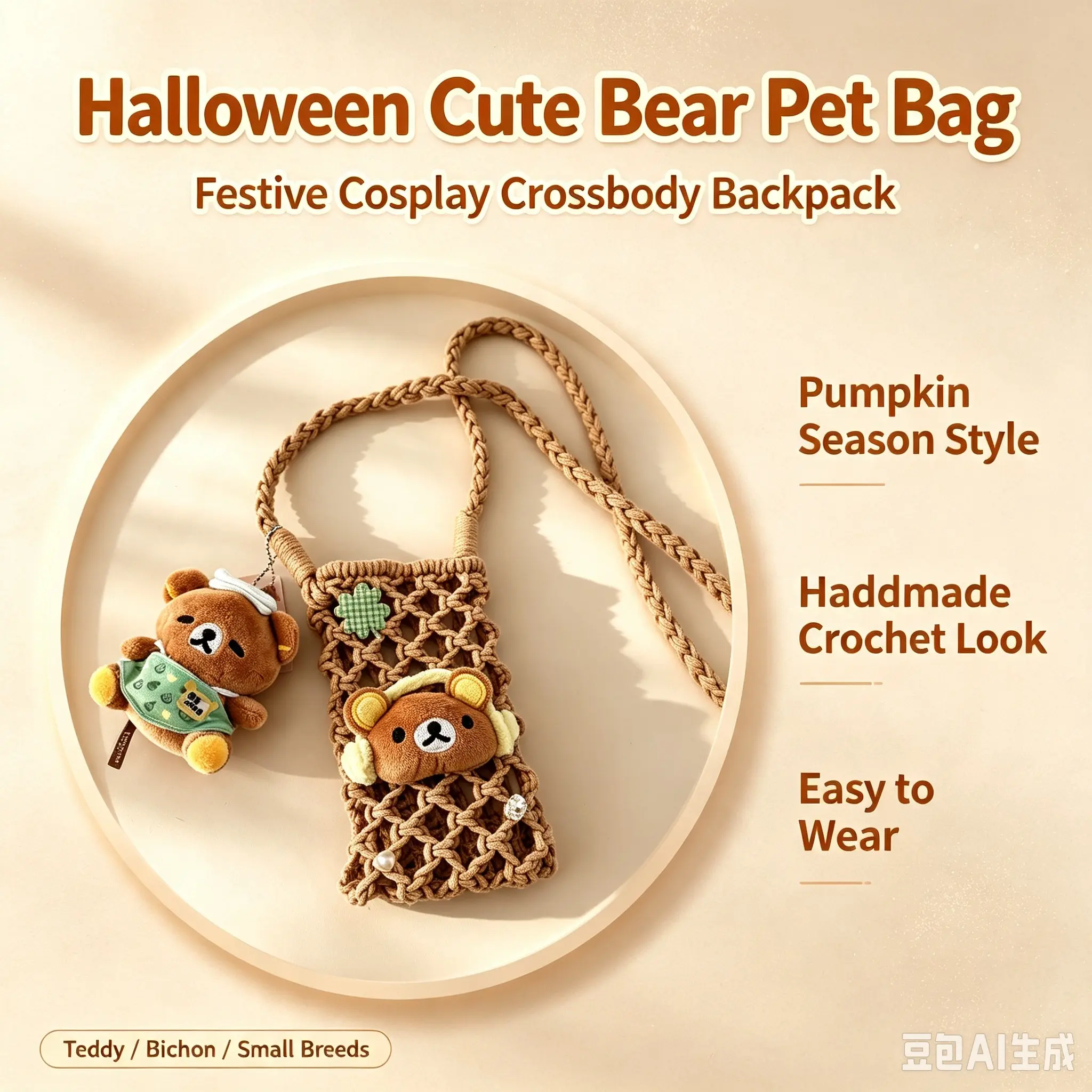 Hand-Woven Hollow-Out Crossbody Pouch with Cute Doll Ornament, Mini Shoulder Bag for Cell Phone and Earbuds, Casual Daily Walking Purse
