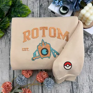 Rotom Pokem0n Embroidered Sweatshirt, Rotom PKM Matching Emdroidery Sweatshirt, Full PKM Characters Collection Pullover Cotton Sweatshirt - Soft& Comfortable Sweater, Trendy Unisex Crewneck Sweater For Men And Women, Gamer Gifts